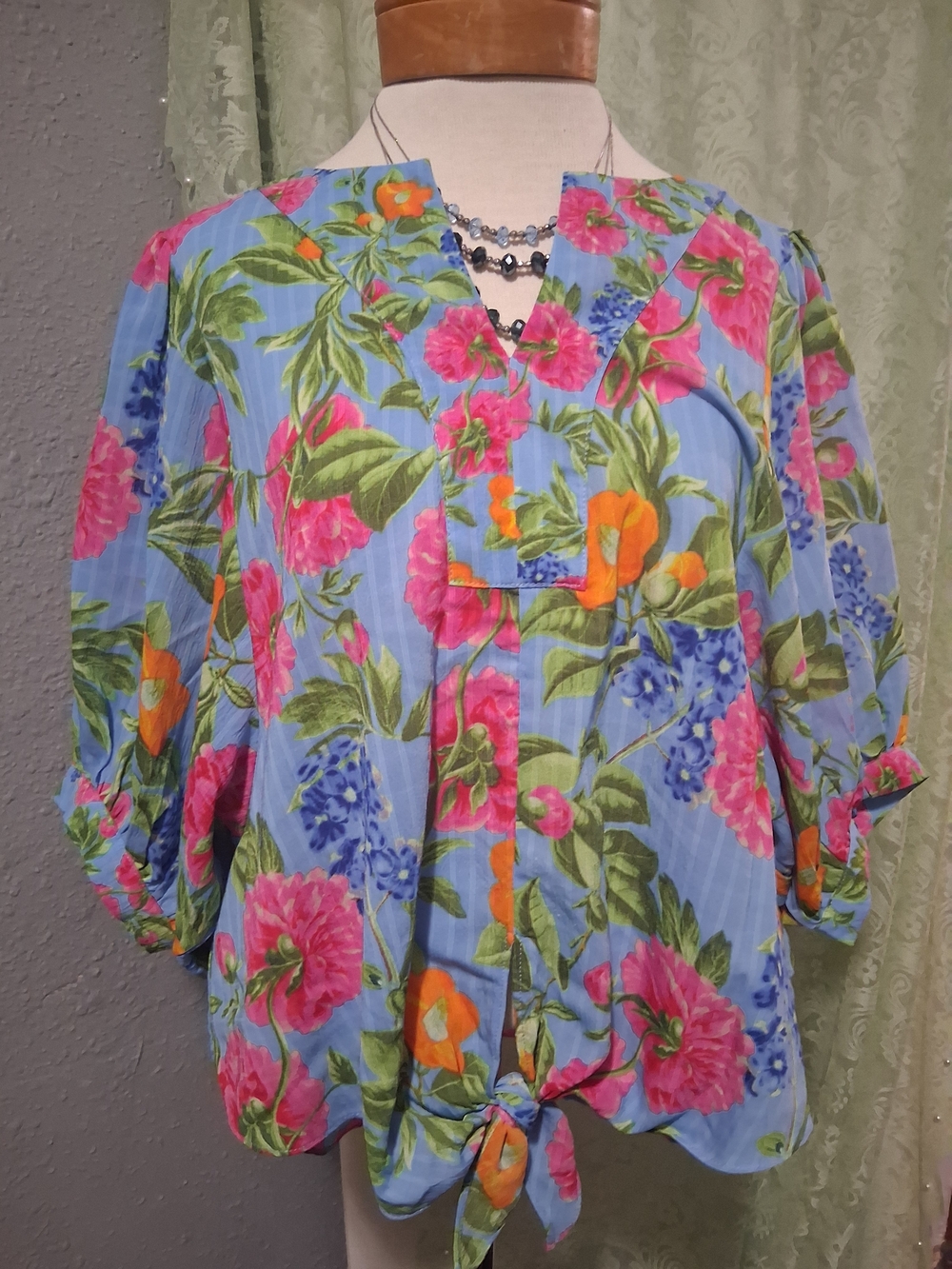 Rose & Olive Blue Floral Tie-Hem V-Neck Blouse